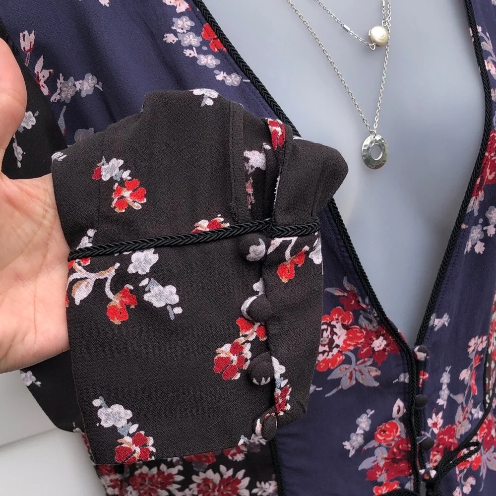 Free People Navy Floral Tie-Front Blouse with Black Sheer Sleeves
